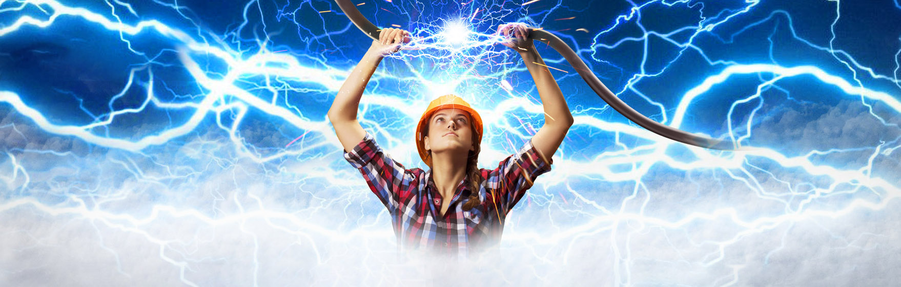 A AI generated image of a person working with electricity cables surrounded by electricity fields.