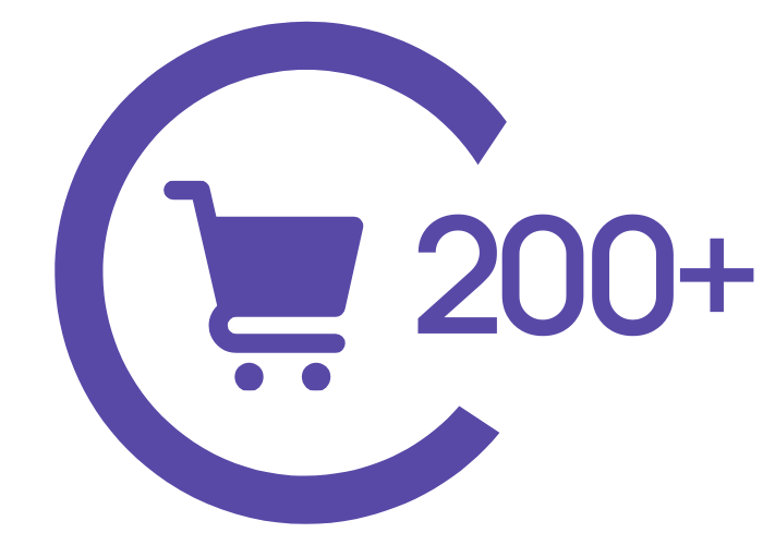 Abstract layered diagram representing scalable eCommerce integrations and technical expertise, image shows the number 200+ with a graphic of a shopping cart.