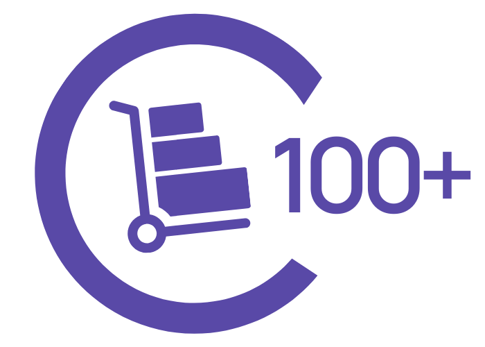 Abstract layered diagram representing scalable eCommerce integrations and technical expertise, image shows the number 100+ with a graphic of a trolley carting boxes.