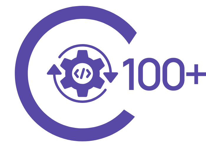 Abstract layered diagram representing scalable eCommerce integrations and technical expertise, image shows the number 100+, image shows a cog with arrows indicating processes.