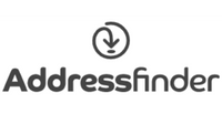 A black and white logo image of Address Finder.