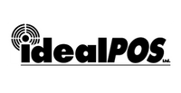 A black and white logo image of idealPOS.