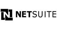 A black and white logo image of Netsuite.