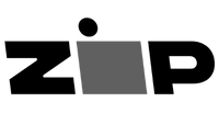 A black and white logo image of ZIP.